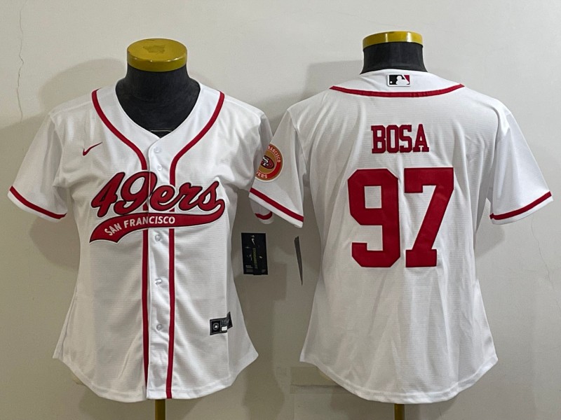 Women's San Francisco 49ers #97 Nick Bosa White With Patch Cool Base Stitched Baseball Jersey(Run Small)